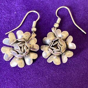 Vintage Silver Peony Flower Earrings
